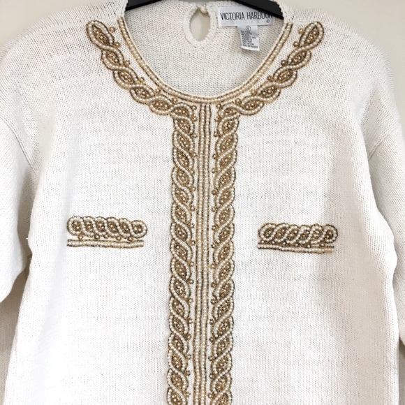 Victoria Harbour vintage 80s off white pear embroidery trim oversized sweater - Picture 5 of 16